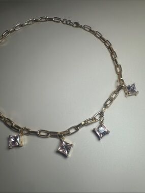 Gold Chain Necklace with Pink Square Crystal Charms